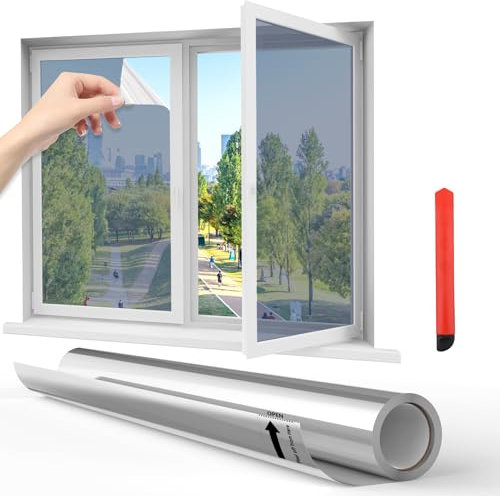 Fentar Film Fenetre Anti Regard Miroir, 200x44.5cm Film Fenêtre Anti Regard Jour et Nuit, Blocage UV Isolation Film Occultant Fenêtre, Film Miroir sans Tain, Film Miroir pour Ménage Bureau (Argenté)