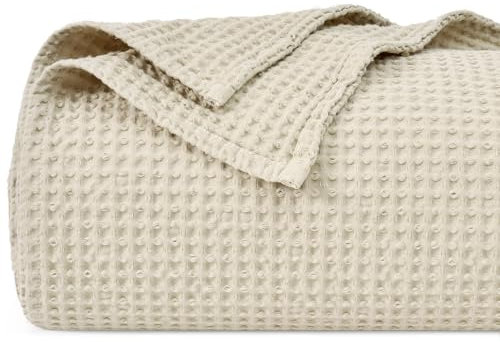 PHF 100% Cotton Waffle Weave Blanket Single Size 130 x 150cm, Pre-Washed Lightweight Breathable Throw Blanket for Summer, Oeko-TEX Certified for Bed Couch Sofa, Home Decor, Linen/Natural