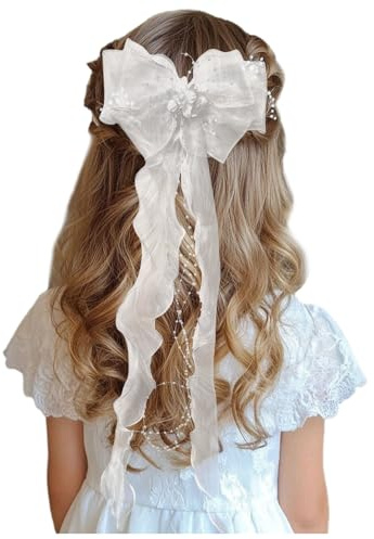 Holy Communion Hair Accessories for Girls – White Bow Hair Clips with Pearls and Organza Ribbon, Perfect for First Holy Communion, Wedding & Flower Girl Decorations