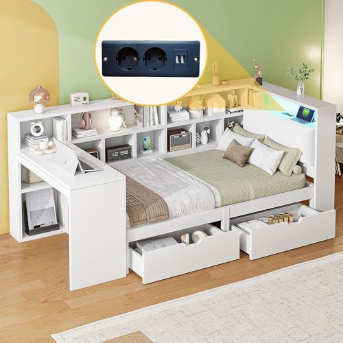 KecDuey Letto singolo 90x200cm in legno, letto a soppalco con scrivania e libreria, letto a castello ad angolo con testata imbottita, cassetti sotto il letto, luce LED