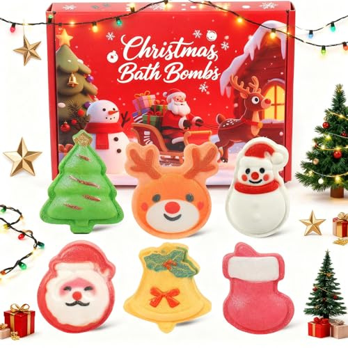 Christmas Bath Bombs for Women, Handmade Bath Bomb Gift Set of 6 Fun Shapes, Perfect Stocking Stuffers for Teen Girls & Boys, Skin Care Bathbombs
