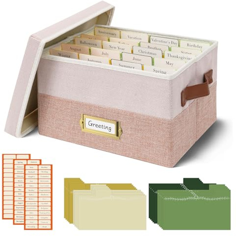 Vienrose Greeting Card Organizer Box with 20 Removable Dividers, 84 Self-Adhesive Labels, Foldable Storage Box Great for Greeting Cards, Photos, Envelopes, Stickers, Postcards Light Pink&Lotus