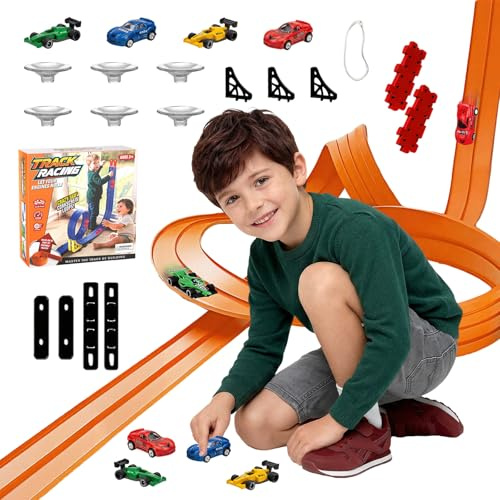 Carreras de Autos Flexibles, 5 m, Incluye 4 Coches, portátil, Doble Distancia, rampas, Pistas Flexibles de Carreras al Aire Libre, para automóviles de 1/64, a Partir de 3, 4, 5, 6 años, Regalo para
