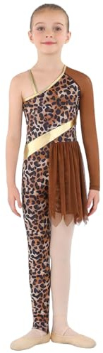 Yhong Costume Da Grotta Asimmetrico Patchwork Per Bambina Tuta Da Ginnastica Leopardata Per Danza Classica E Spettacoli Teatrali Carnevale Marrone 7-8 anni