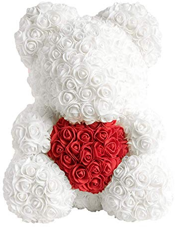 Infinity® Rosenbär Weiß 40 cm mit Herz – Handgefertigter Bär mit Geschenkbox & über 600 duftenden 3D-Rosen – Geschenk für Frauen, Geburtstag oder Jahrestag