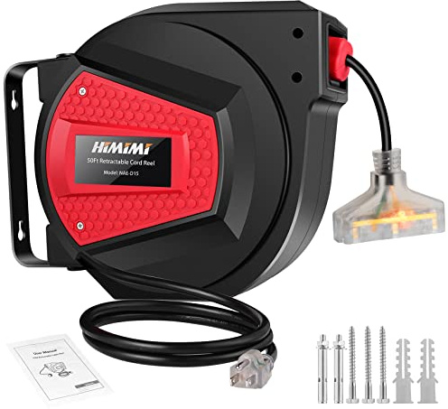Himimi Retractable Extension Cord Reel, 50FT 14AWG/3C Power Cord Reel for Garage Workshop, Wall/Ceiling Mounted Extension Cord Reel, 3-Lighted Triple Outlets, UL Listed, 13A Circuit Breaker