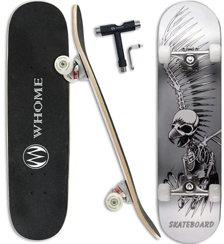 WHOME Pro Skateboards Komplett für Erwachsene/Kinder Mädchen/Jungen Anfänger/Profi - 31 x 8 Zoll Standard 8-Fach Alpine Ahorn Deck ABEC-9 inkl. T-Tool (Skull)