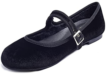 Feversole Färgad mocka ballerina med minnesskum, makronkudde för kvinnor, Velvet Mary Jane Svart, 40 EU