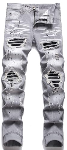 AITITIA Men's Biker Zipper Deco Washed Straight Fit Jeans, 6620 Grey, 34