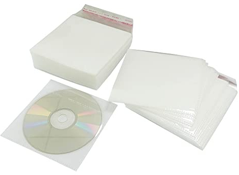 HAPLIVES 100 Pack CD DVD Double-Sided Refill Plastic Sleeves Standard Envelope Cases with Self-Seal Resealable and Flap for Music Movie Video Game Disc (White 1)