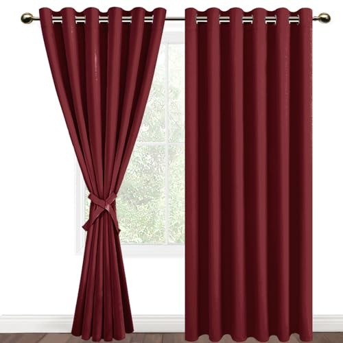 DWCN Blackout Curtains 90 x 90 Inch with Tiebacks for Bedroom Thermal Insulated Solid Eyelet Curtains for Living Room,2 Panels,90 Wide x 90 Drop Burgundy