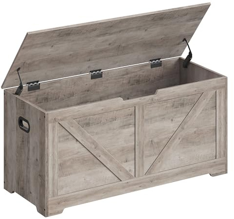 VASAGLE Storage Chest, Storage Trunk with 2 Safety Hinges, Storage Bench, Shoe Bench, Farmhouse Style, 15.7 x 39.4 x 18.1 Inches, for Entryway, Bedroom, Living Room, Heather Greige ULSB060K03