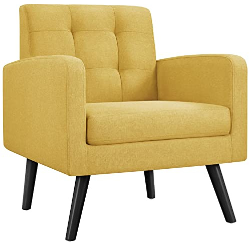 Yaheetech Modern Armchair, Mid-Century Accent Chair with Button Tufted Back&Wood Legs for Living Room/Bedroom/Office, Yellow
