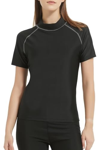 TERODACO Rash Vest Women Short Sleeve Sweat Wicking Swimming Tops for Women UV50+ Seamless Ladies Rash Guard Swimwear for Wetsuit Surfing Swimsuit,Stretchy Soft 112 Black Grey M