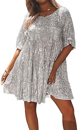 Women Glitter Sequin Shirt Dress Round Neck Short Sleeve Glitter Sparkly Tiered Swing Tunic Baby Doll Dress Party Clubwear (A-Silver, XL)