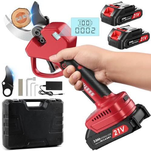 Sécateur Électrique Sans fil, 50mm Secateur Electrique, Sécateur électrique avec Écran avec 2 Batteries de 2.0Ah pour la taille, le jardinage, les arbres fruitiers et le vignoble Ciseau