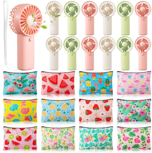 Dansydaisy 24pcs Mini Portable Fan and Summer Make up Bags Bulk Small Handheld Personal Eyelash Fan Flamingo Palm Leaves Cosmetic Pouch with Zipper for Women Men Outdoor Travel Camping Party Gift