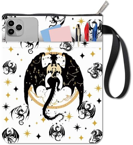 craspire 11x8.7 Buchhülle Mit Reißverschluss Romantasy Dunkler Drache Sterne Magie Fantasy Taschenbuchschutz Waschbar Wasserdicht Stofftasche Vordertasche Für Buchliebhaber Zubehör Romanleser