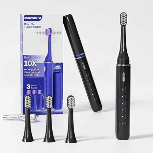 MACWINTZ Travel Electric Toothbrush, 5 Modes, 30,000 VPM, IPX7 Waterproof, 3 Brush Heads, 1 Dust Cover, with Smart Timer, Long Battery Life Rechargeable Travel Toothbrush (Black)