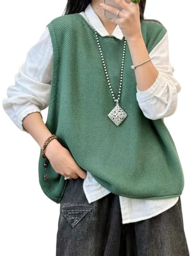RWGSNB Gilet in Maglia Donna Pullover Cotone Donna Girocollo Corto Lavorato a Maglioni Senza Maniche Casual Vintage Tinta Unita Canotta Autunnale Indossare Tutti I Giorni Verde L