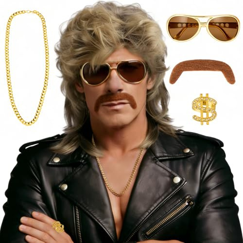 Pelucas Disfraz Carnaval Hombre Años 80 - Pelucas Rubias Punky de Pelo Rizado Natural Epoca Hippies Gafas de Sol, Barba Postiza, Collar y Anillo para Disfraces Disfraz de Carnaval Hombre Halloween