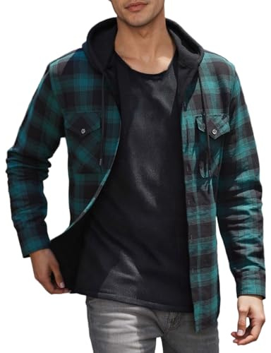 Generisch Camisas para hombre, camisa tradicional para hombre, camisa informal para hombre, camisa de franela con capucha para cálido, ropa de invierno de talla grande con patrón de cuadros, Verde
