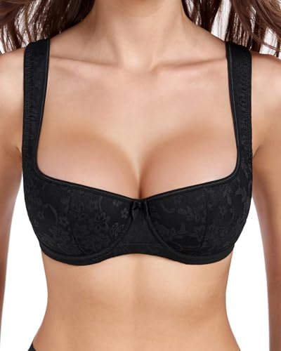 Curyon Reggiseno Push-up a Balconcino da Donna con Ferretto, Mezza Coppa Jacquard Leggermente Imbottito con Spalline Morbido Elegante Nero 5C