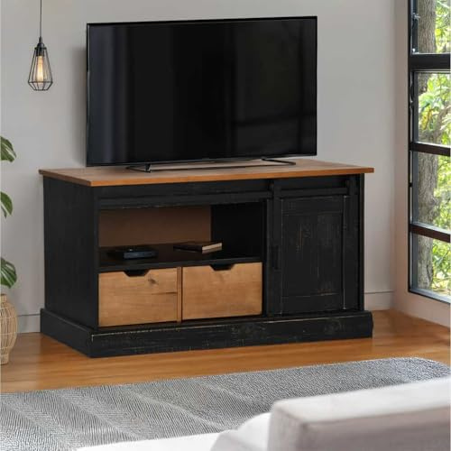 Mhdvray Mobile basso per TV, nero, 110 x 40 x 60 cm, in legno massello con porta scorrevole, design moderno e robusto, per soggiorno, camera da letto, corridoio