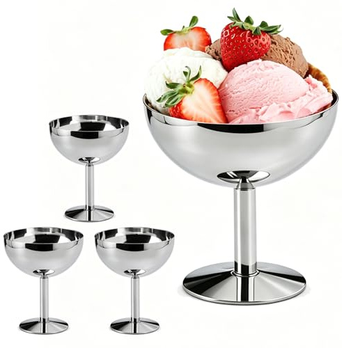4 Stück Eisbecher Edelstahl 200ml Ø 10cm Edelstahl Dessertschale mit Fuß Cocktail Gläser Ice Cream Sundae Dessertgläser für Obst Salat Joghurt und Fruchtpudding, Sundae-Schalen für Partys Hochzeiten
