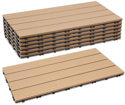 Peviasot WPC-kakel, 30 x 60 cm, terrassplattor, klickplattor, balkongplattor i träutseende, väderbeständiga plattor med dräneringsfunktion, terrass balkong, trädgård, teak (12 stycken = 2㎡)