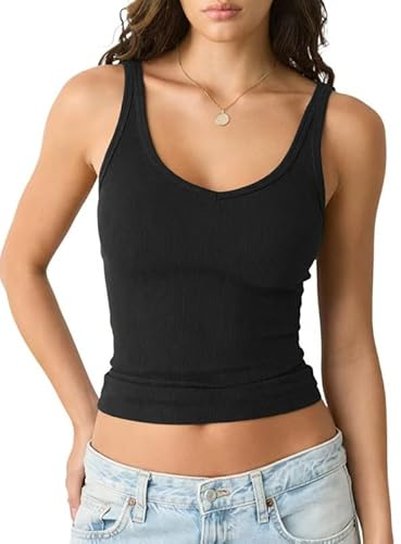 Xiaoliny Canotta Donna Estive Top Basic Scollo a V Casual Crop Tops Senza Maniche Elegante Canottiera a Costine Elasticizzato Magliette Slim Fit T-Shirt Sexy Y2K Top Corto per Sportivo Streetwear