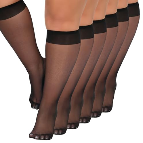 Yilanmy 6 Pairs Knee High Socks for Women Plus Size Pop Socks 15 Denier | Sheer Nylon Stockings Wide Fit Knee High Tights Reinforced Toes