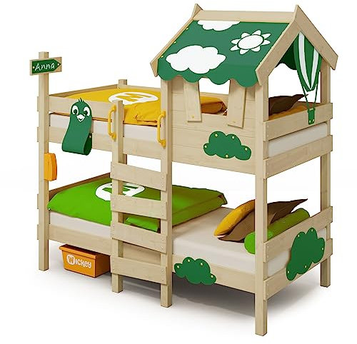 Wickey Etagenbett Crazy Daisy Kinderbett Hochbett mit Dach, Fenster, Kletterleiter & weiterem Spielzeugzubehör- grüne Plane, 90x200 cm - individuell Gestaltbar