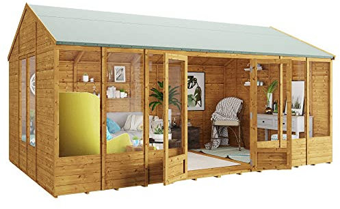 BillyOh Petra 16x10 Reverse Apex Summer House Shed, Log Cabin | Wooden Garden Room with Wide Double Doors, Tear Resistant Felt, Tongue and Groove Construction | Versatile Tiny Home or Garden Office
