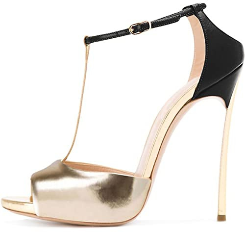 WOkismD High Heels Stiletto Sandals for Women - T-Strap Pumps Heel Sandals - Women's Color Block Open Toe Stilettos High Heels for Dressy Wedding Party - 4.3 in Gold Pink,Gold,39