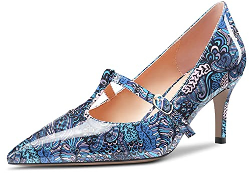 Aachcol Women Stiletto Mid Low Heel Pumps Court Shoe T-Strap Slip-on Pointed Toe Dress Shoes Office Party Wedding Patent Blue Multicolor 6.5 CM 5 UK