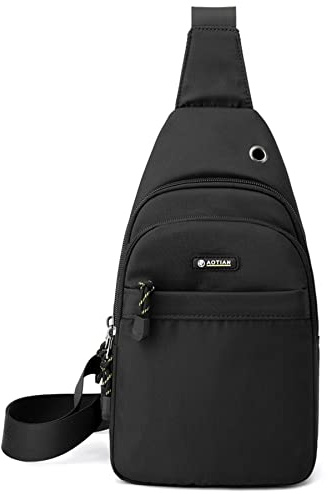 Bolsa bandolera para hombres y mujeres, bolsa de hombro pequeña de nailon bolso de pecho, mini mochila cruzada para senderismo, Black, Small