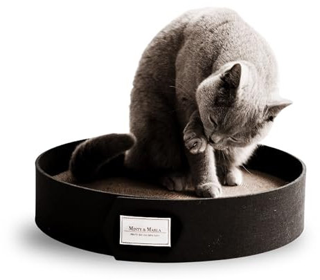 Minty&Marla® | Kratzbrett inkl. Katzenminze | Kratzmöbel für Katzen | Kratzpappe | Stylisches Kratzboard Katze | Katzenbett für Katzen mit Filzrand | Schlafplatz und Kratzmöglichkeit | Schwarz