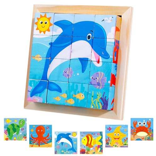 Würfelpuzzle, Holzpuzzle 3D, Lernspielzeug Holzspielzeug, Würfelpuzzle Puzzlespiele 6 in 1 Tier-Motive für Kinder, Montessori Vorschule Lernspielzeug Geschenk für Jungen und Mädchen