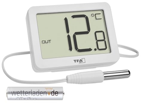 TFA Dostmann Digital inomhustermometer, 30,1066, inklusive vattentät temperaturgivare, högsta och lägsta värden, med magnet/stativ, (vit med batteri)