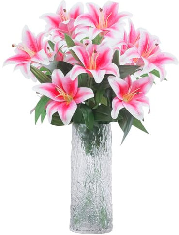 Olrla 60CM Long Artificial Lily Flower Pink 8 Blooming Heads 4 Buds, 3D Print Fake Tiger Lily for Wedding Home Office Decor Table Centerpieces (Without Vase)