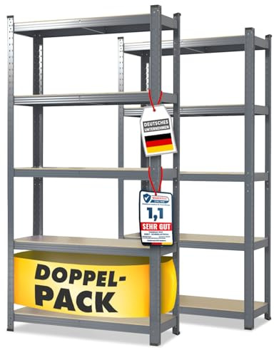 Floordirekt Scaffalatura per carichi Pesanti, Set da 2, Grigio, 180 x 90 x 40 cm, scaffalatura Cantina, Magazzino, Officina, banco da Lavoro, 5 Ripiani Regolabili (Lakota)