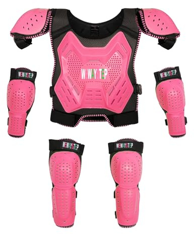 Kids Dirt Bike Gear- Motorcycle Protective Gear Chest Protector Youth Motocross Gear Body Armor Vest Knee Guards and Elbow Full Body Protection Suit (Pink)