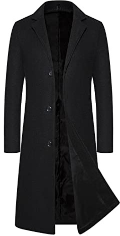 Casual Long Black Trench Coat Men, Wool Notched Collar Overcoat Full Length Double Breasted Long Pea Coat Winter Warm Jacket Coat Business Casual Smart Outwear Slim Fit Trench Coat, Size