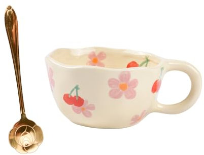CZCMYAU Jolie tasse à café en céramique vintage florale 250 ml Adorable tasse à latte faite à la main avec cuillère créative et esthétique, tasse à thé matcha ou cappuccino cacao, rose