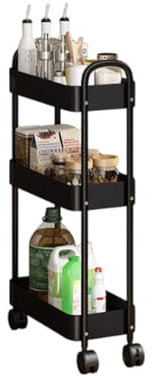 Awoyep Rollwagen Küche Nischenwagen Küchenwagen mit Rollen: Küchenrollwagen Multifunktional Mobiler Servierwagen Schmal Bücherwagen Aufbewahrungswagen für Büro Bad Schlafzimmer (Schwarz, 3 Ebenen)