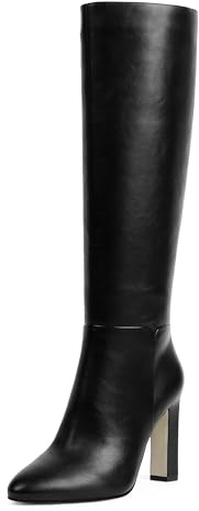 VIUGJNEX Black Boots For Women Knee High 3 Inch High Heel Long Boot Black Block Chunky Heel Boots For Women Side Zipper Pointy Toe Faux Leather Womens Fall 2025 Tall Boot Size 8.5