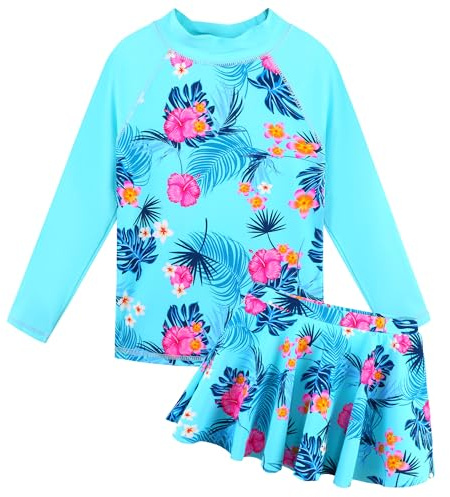 ZNYUNE Badeanzug mädchen Langer Schwimmanzug mädchen mit Skirt oder Hose 2-teiliges Set Rash Guard Girls Swimsuit S503 BlueFlower 8A