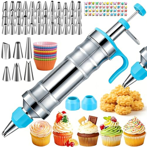 Suuker Dessert Decorating Syringe Set, Frosting Piping Kit Stainless Steels Cake Decorating Tools with 54 Piping Tips, 9 Silicone Baking Cups, Cupcake Decorating Kit