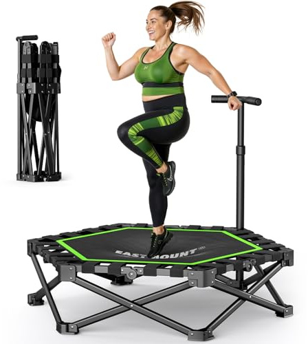 EAST MOUNT 42 Foldable Mini Trampoline for Adults, Quiet Fitness Rebounder with Adjustable Handle, No-Assembly Indoor Exercise Trampoline, 450LBS Capacity (Blackgreen)